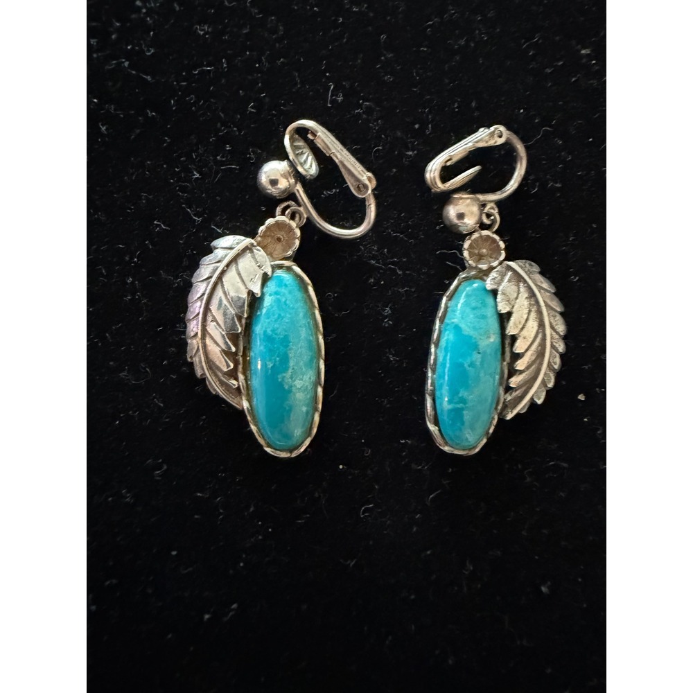 Native American Navajo Sterling Silver & Turquoise Dangle Clip on Earrings JW